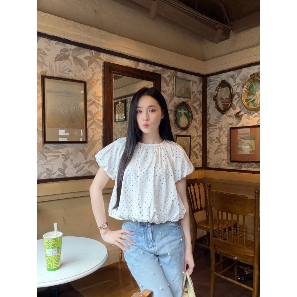 (5size) Áo kiểu nữ màu hè dáng bí vải gió hàn chấm bi xinh xắn trẻ trung LAMO - B1549 | BigBuy360 - bigbuy360.vn