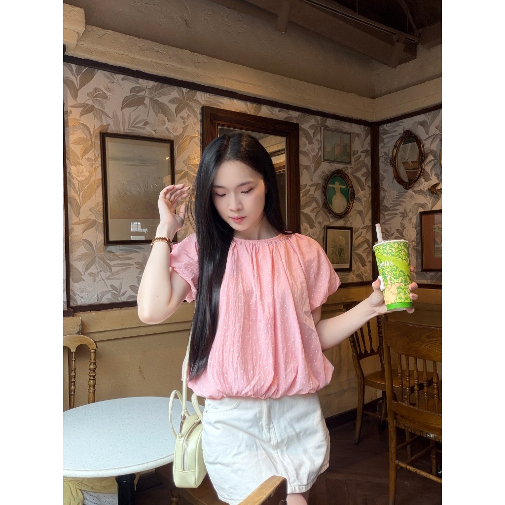 (5size) Áo kiểu nữ màu hè dáng bí vải gió hàn chấm bi xinh xắn trẻ trung LAMO - B1549 | BigBuy360 - bigbuy360.vn