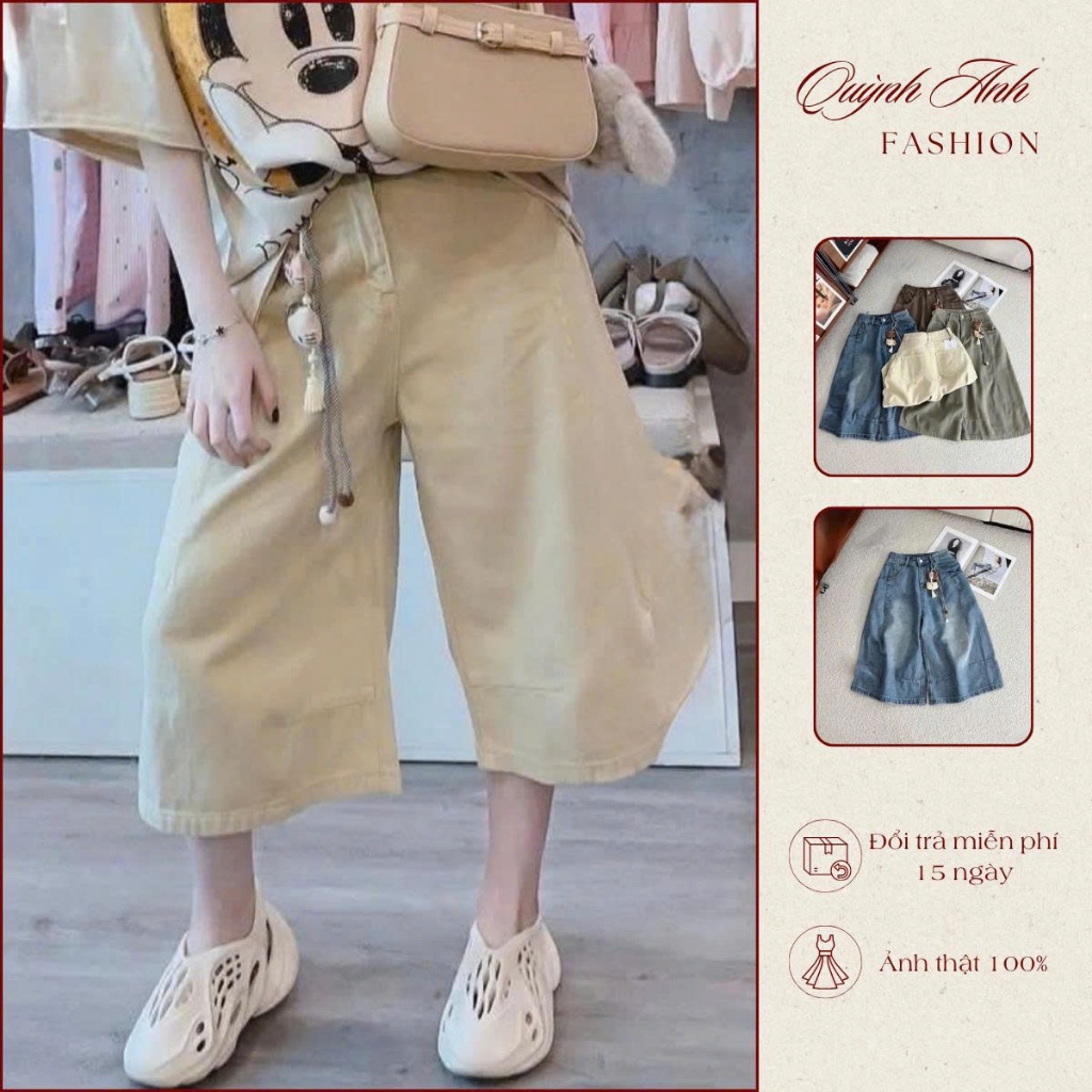 Quần jean nữ ngắn form đẹp cá tính quần - jean lửng nữ ống rộng cạp cao dài qua gối Quỳnh Anh Fashion