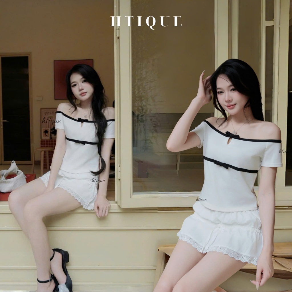HTIQUE- DEAL mở bán Áo Trễ Vai Viền Đen Đính Nơ, Áo kiểu nữ nhẹ nhàng HTIQUE – Nữ Tính Thanh Lịch AT