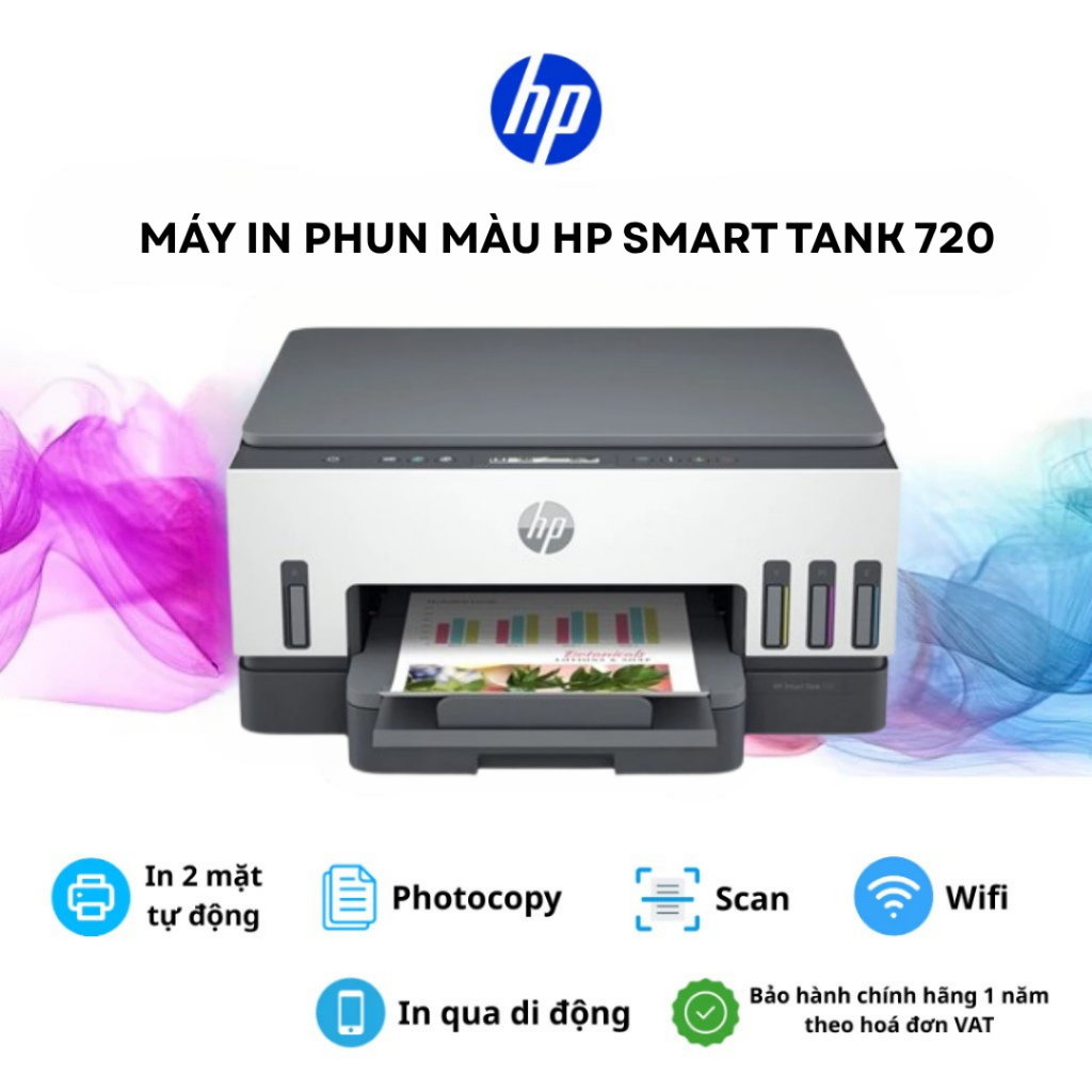 Máy in phun màu đa năng HP Smart Tank 720 All-in-One Printer (In 2 mặt, Scan, Copy, Wifi) (6UU46A) -