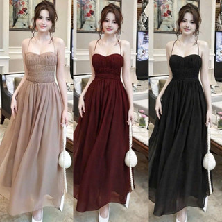 ĐẦM HAI DÂY Nhún MAXXI Dáng Dài SANG CHẢNH 3 màu ĐỎ/ĐEN/KEM