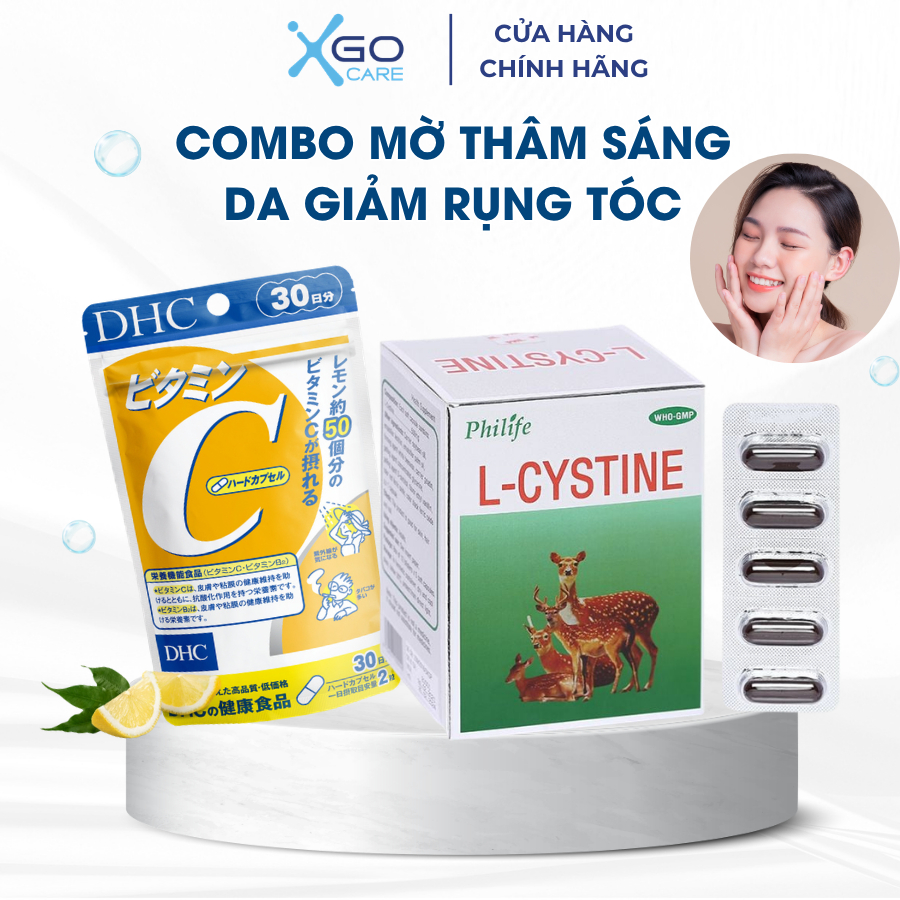Combo L Cystine và vitamin C viên uống hỗ trợ giảm rụng tóc giảm nám tàn nhang mờ thâm sáng da tốt l