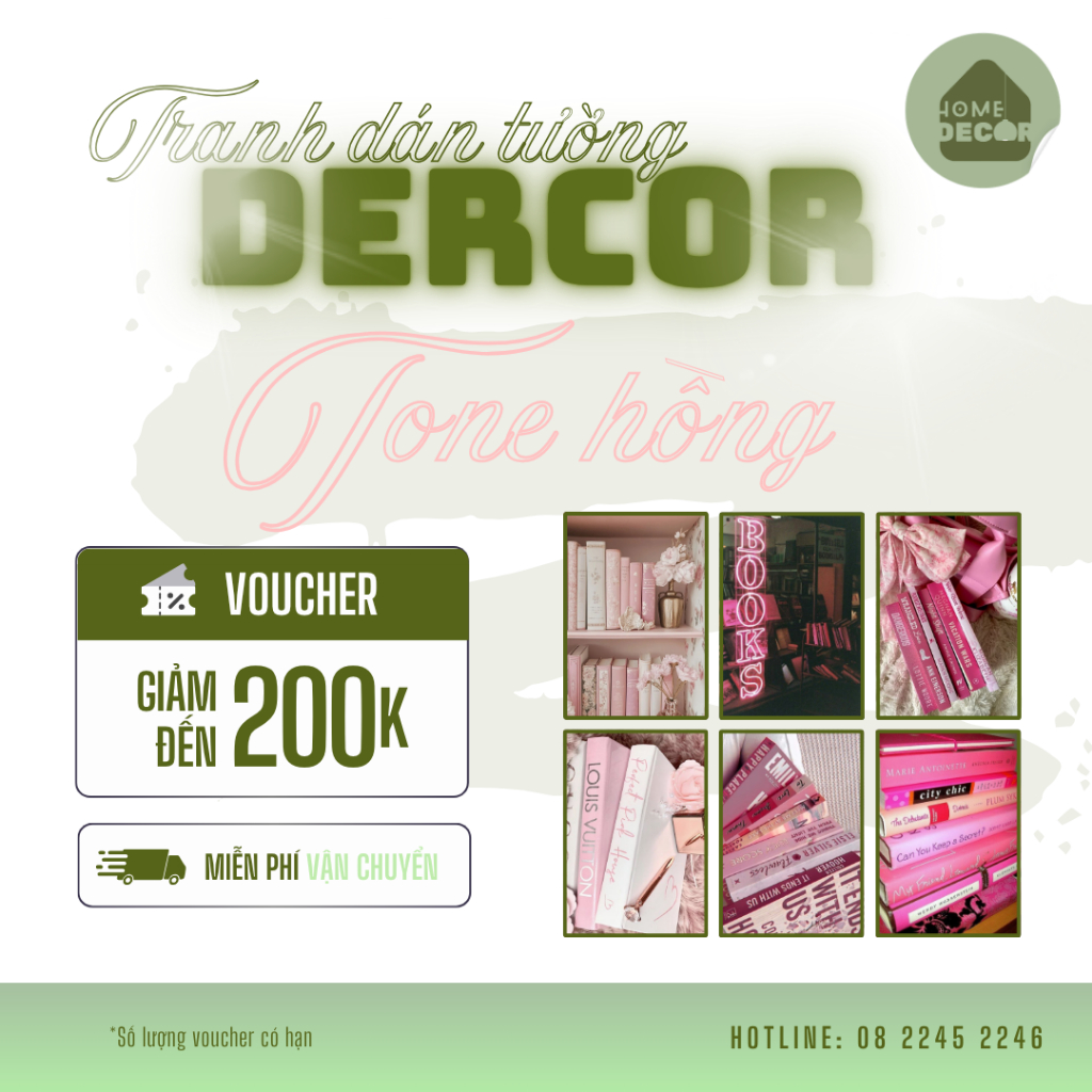 Tranh trang trí chủ đề sách dán tường Atwork Đèn Decor tone hồng cute hiện đại trang trí phòng