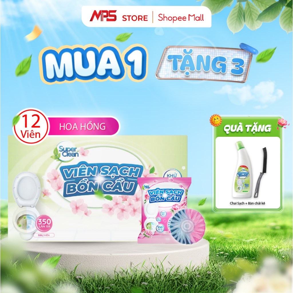 Combo 12 Viên Sạch Bồn Cầu Hoa Hồng Super Clean Tặng 1 Chai Tẩy Bồn Cầu Super Clean Với Hương Thơm T