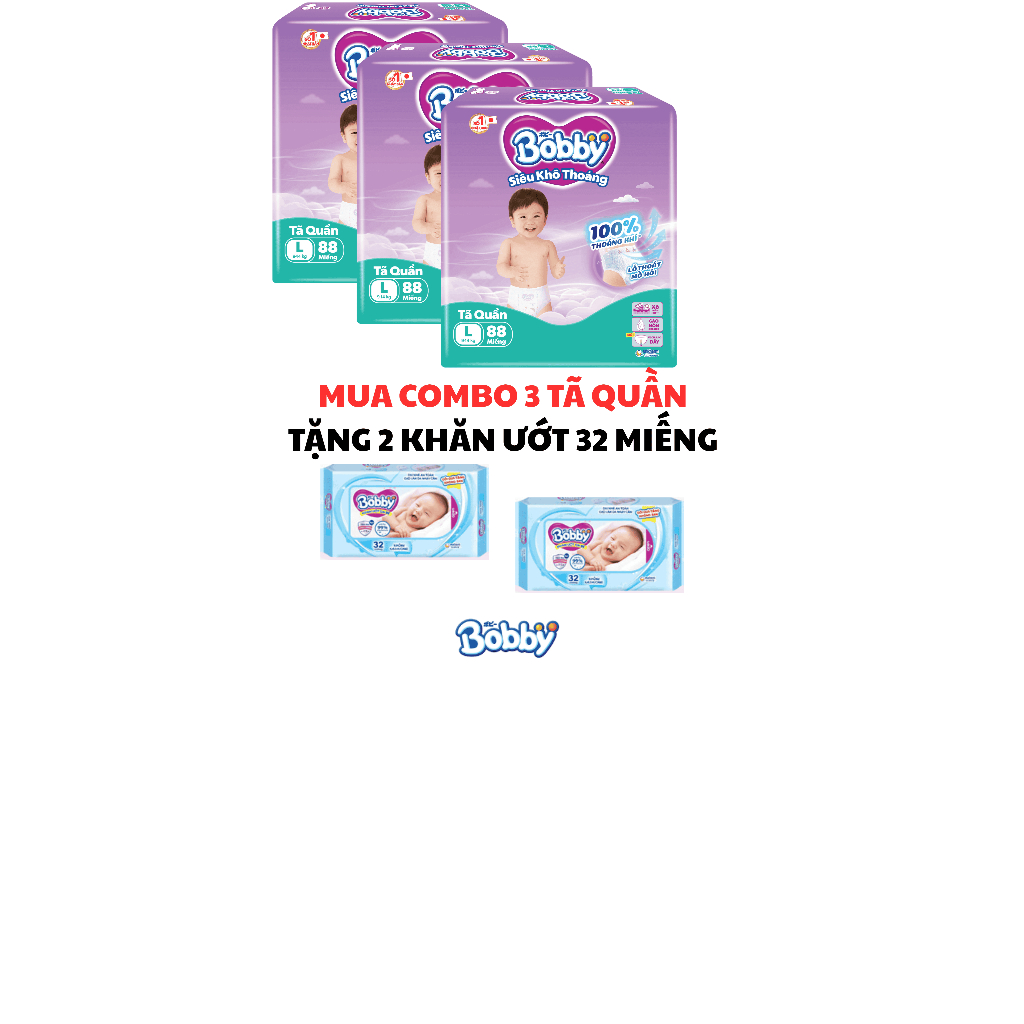COMBO 3 TÃ QUẦN Bobby Ultra L88 tặng 2 khăn ướt Bobby 32 miếng