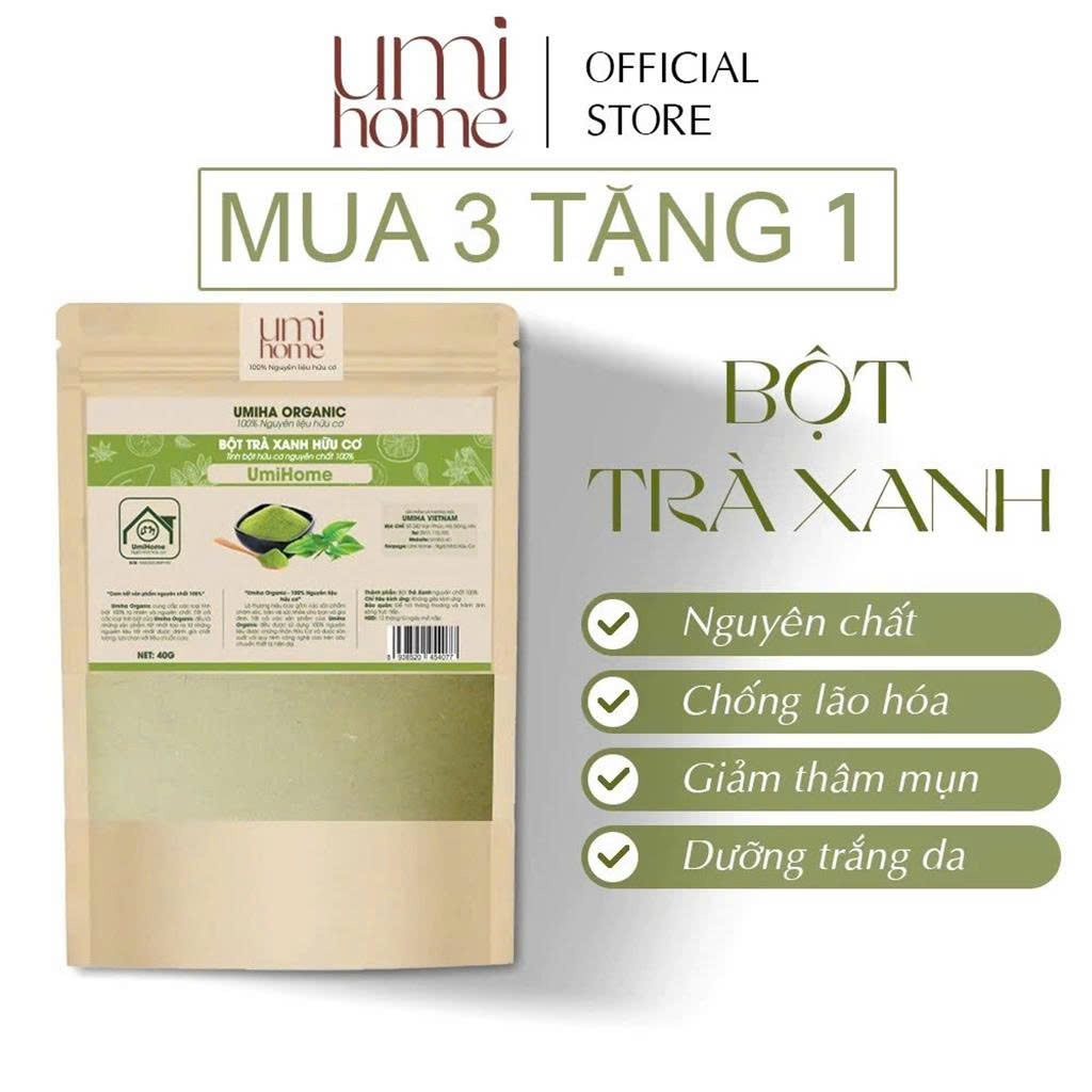 Bột Trà Xanh hữu cơ UMIHOME nguyên chất 40g đắp mặt nạ trắng da, ngừa mụn và thâm hiệu quả, chống lão hóa