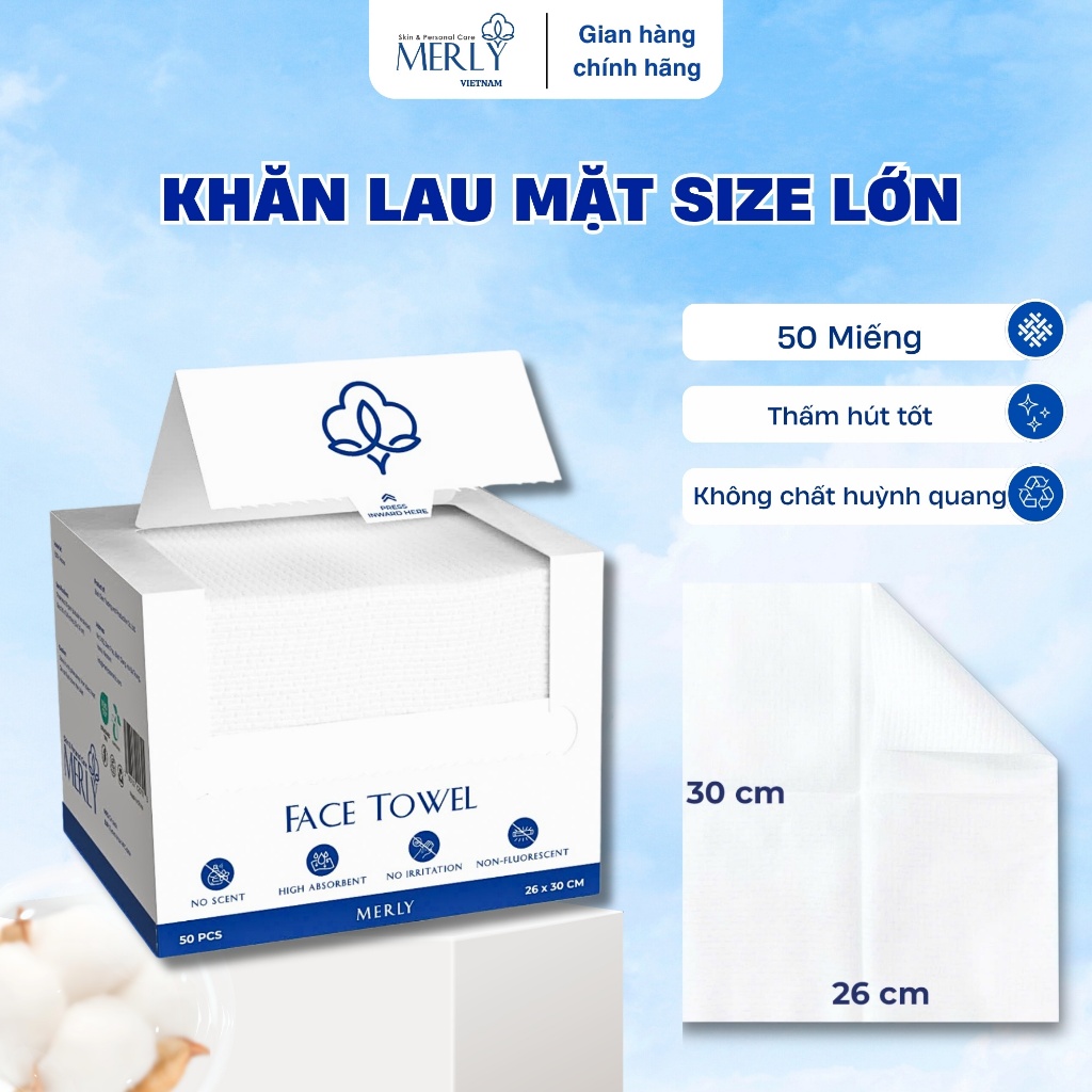 MERLY | Khăn mặt dùng 1 lần khổ lớn 26x30 cm, 100% sợi bông cotton mềm mại, tẩy trang, đắp mặt, spa