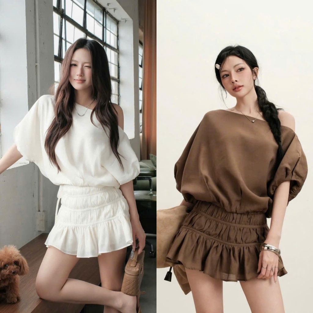 (Set 2 Món): Set Áo Lệch Vai Dây Rút Eo Mix Chân Váy May Chun 3 Tầng Rúm Bèo Hack Dáng 2 Màu-Ảnh Thật Lollaye | BigBuy360 - bigbuy360.vn