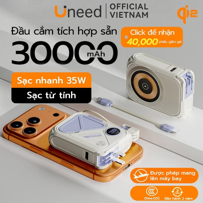 【Qi2+CCC】Sạc Dự Phòng UNEED 30000/20000mAh Sạc Nhanh PD 20W 35W Sạc Không Dây, Cục Sạc Dựng Phòng Đầu AC