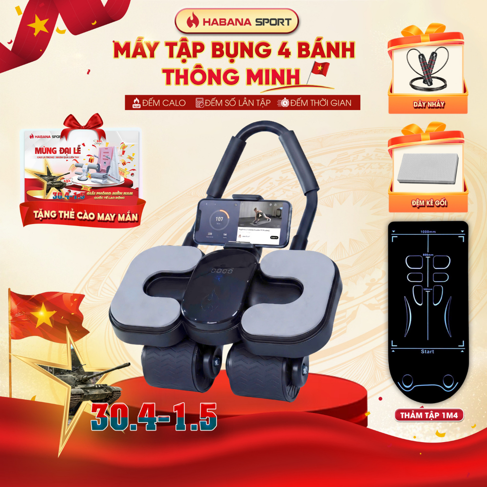 Máy tập bụng HABANA SPORT 4 bánh trợ lực 2026: Bán chạy (15k+), bảo hành 2 năm.