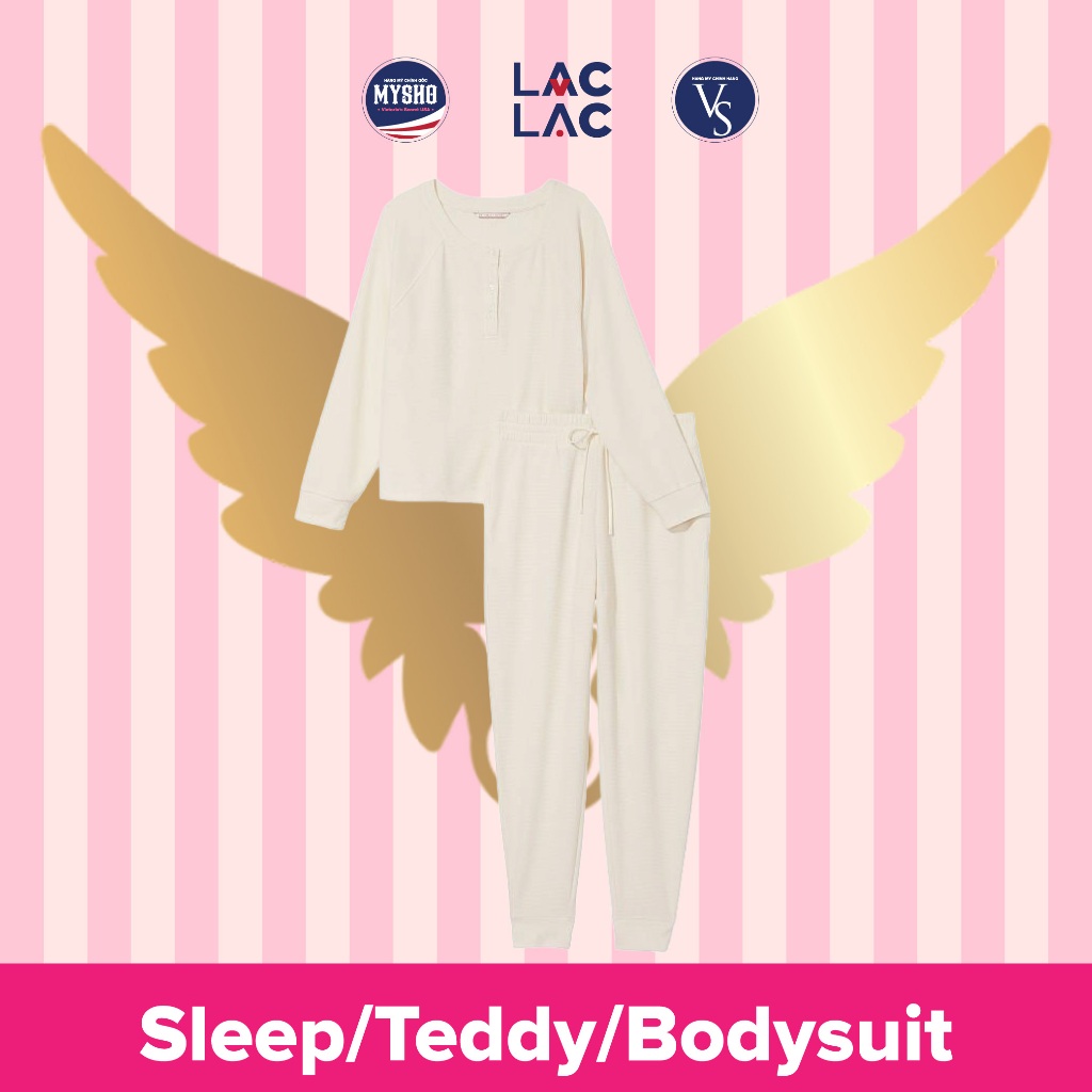 [Size S-101] Bộ đồ ngủ/ Pyjama với chất liệu Glow Waffle Henley Jogger Set, Màu: Coconut White