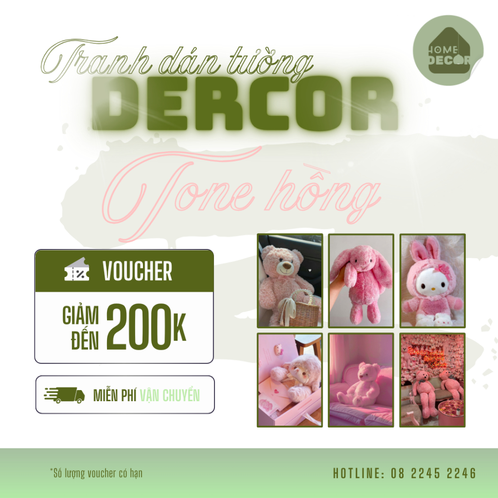 Tranh trang trí GẤU BÔNG dán tường Atwork Đèn Decor tone hồng cute hiện đại trang trí phòng