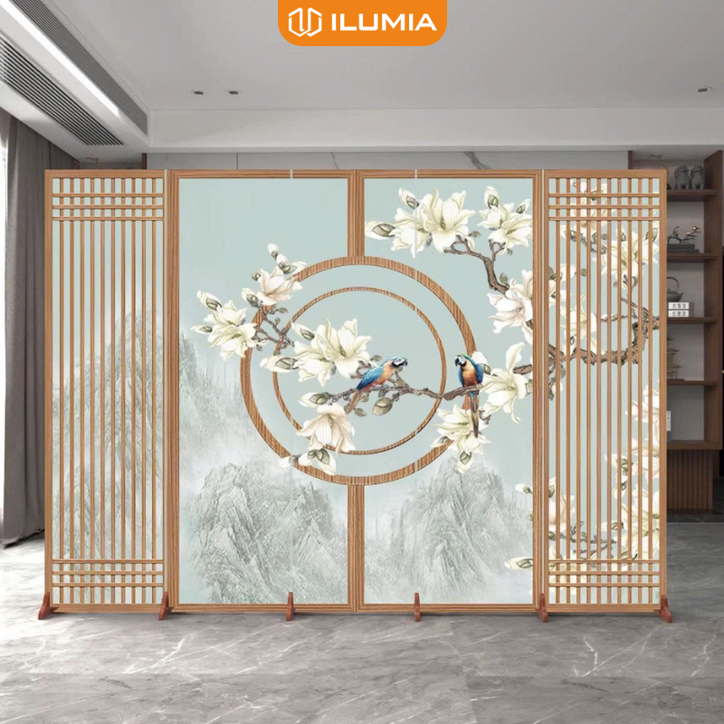 Bình phong phong thuỷ khung gỗ tự nhiên in trên nền vải canvas thương hiệu ILUMIA - GP392