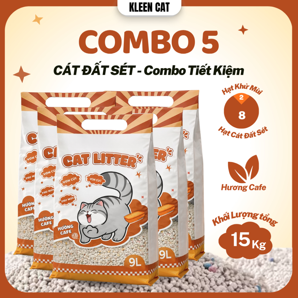 [HỎA TỐC] Combo Tiết Kiệm 5 túi Cát Vệ Sinh Cho Mèo Kleen 9l, Cát Mèo Premium Cat Litter Kleen - kle