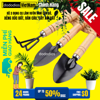 Bộ 3 Dụng Cụ Làm Vườn Mini Cán Gỗ, Xẻng Xúc Đất, Bàn Cào, Cây Xới Đất Trồng Cây Cảnh, Sen Đá, Rau Sạch hãng dododios