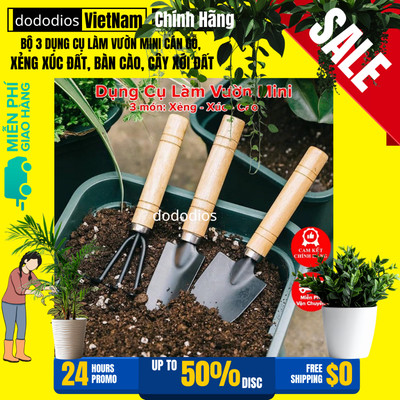 Bộ Dụng Cụ Làm Vườn 3 Món Cán Gỗ Hãng dododios Xẻng, Cào Mini, Cây Xới Đất Tiện Dụng Chăm Sóc Cây, Trồng Rau