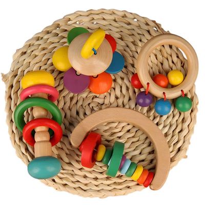 Combo Đồ Chơi Sơ Sinh Gỗ, Lục Lạc Gỗ Sồi An Toàn Cho Bé Từ 0-6 Tháng Tuổi