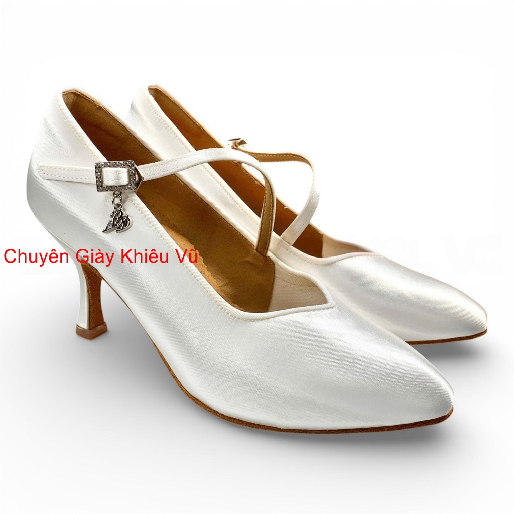 Giầy Khiêu Vũ Dancesports Standard Nữ BD 138 Gót 7.5cm (138BD7P) - Satin Trắng (Tặng túi đựng giày)