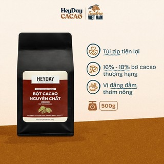 Bột cacao nguyên chất 100% không đường Heyday - Dòng Origin thượng hạng - Túi zip 500g