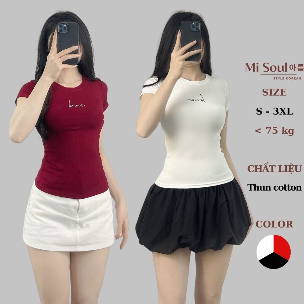 Áo Thun Cotton Cổ Tròn Cộc Tay Babytee Form Ôm Thêu Chữ Love BigSize, Áo Cộc Tay Thêu Chữ 391