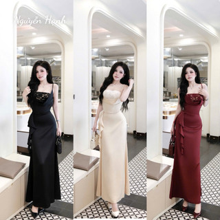 Set Đầm Hai Dây Maxxi Satin Đuôi Loe Cổ Đổ Tà Nhún Xéo Kèm Bra Hot Full Tone