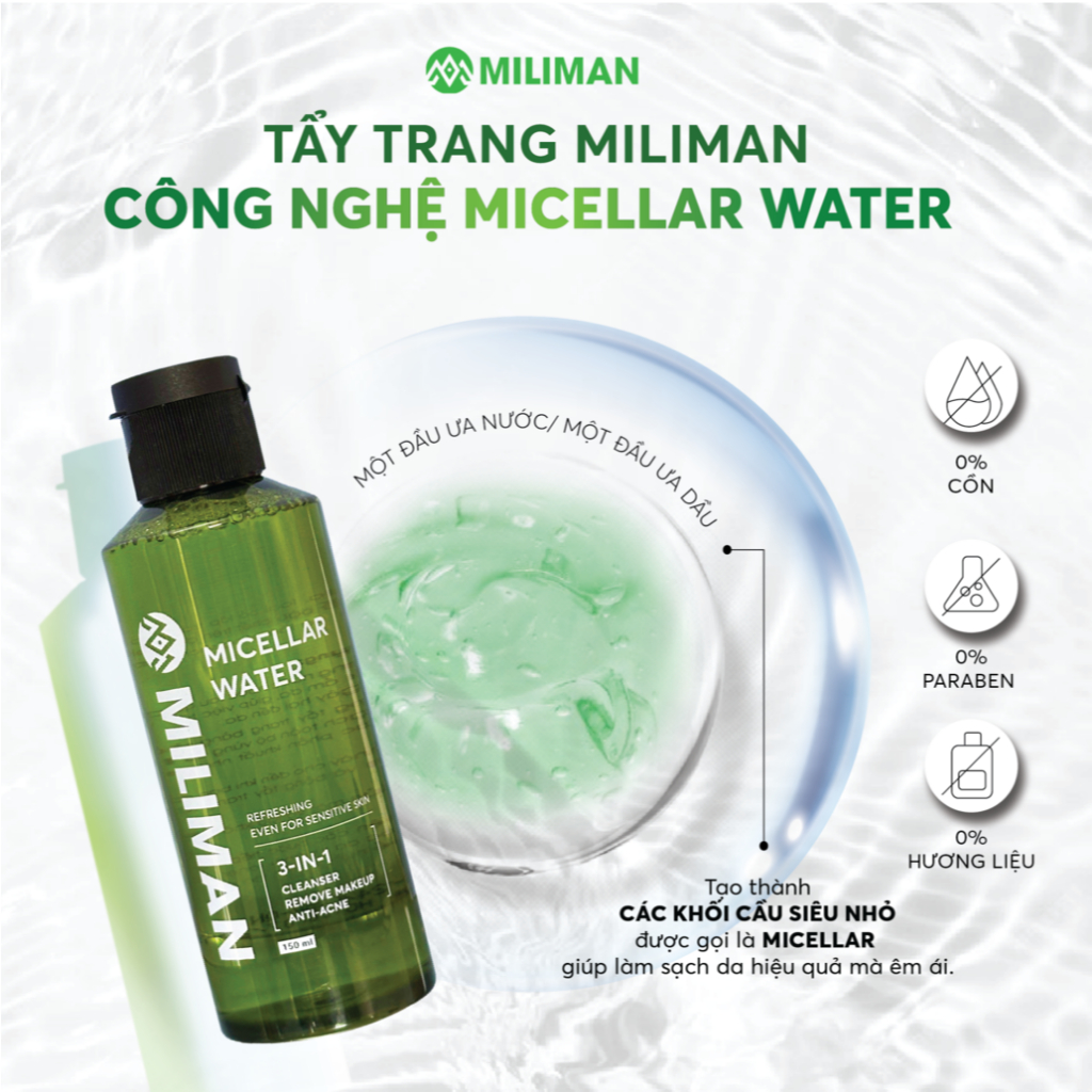 Tẩy Trang Nam MILIMAN 150ML | Công Nghệ Micellar Water, Làm Sạch Bã Nhờn, Hỗ Trợ Ngừa Mụn