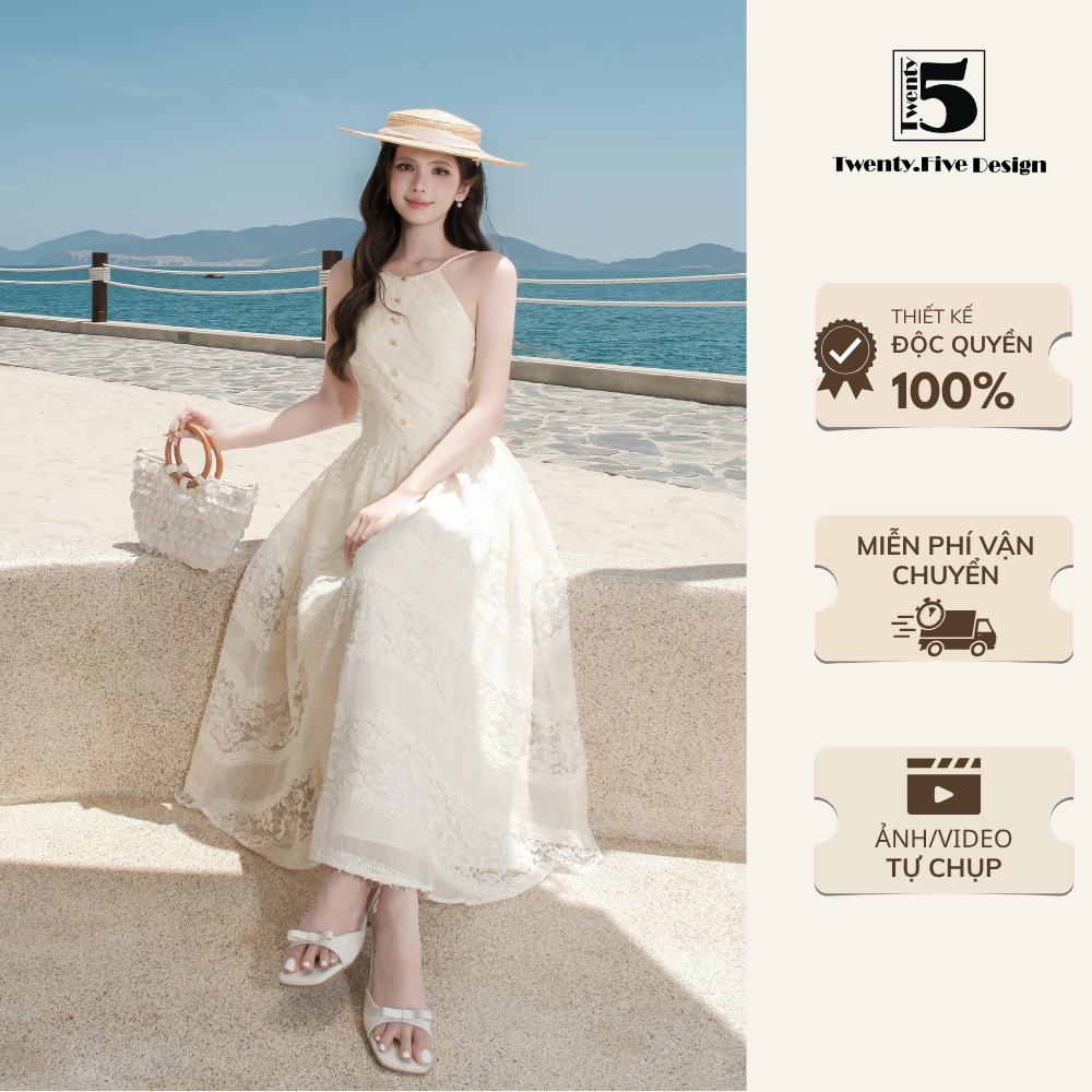 Đầm maxi cổ yếm dáng dài, váy đi biển họa tiết ren, cúc hình sao biển tiểu thư - Twentyfive Design D