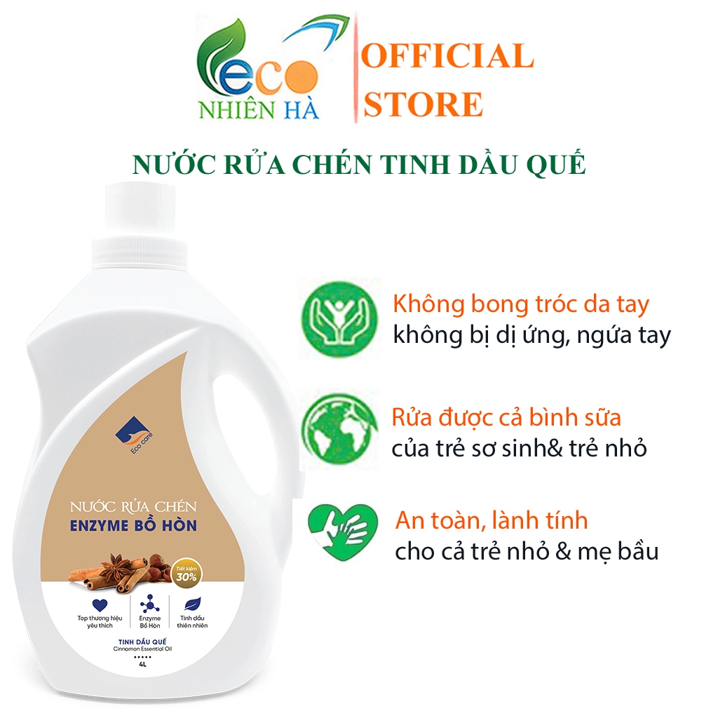 Nước rửa chén enzyme bồ hòn ECOCARE tinh dầu quế, an toàn da tay, rửa sạch dầu mỡ hiệu quả