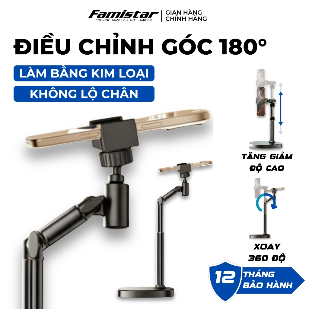 Giá Đỡ Điện Thoại Xoay 360 Điều Chỉnh Độ Cao, Kẹp Điện Thoại Quay Video Đa, Livestream Famistar GD07