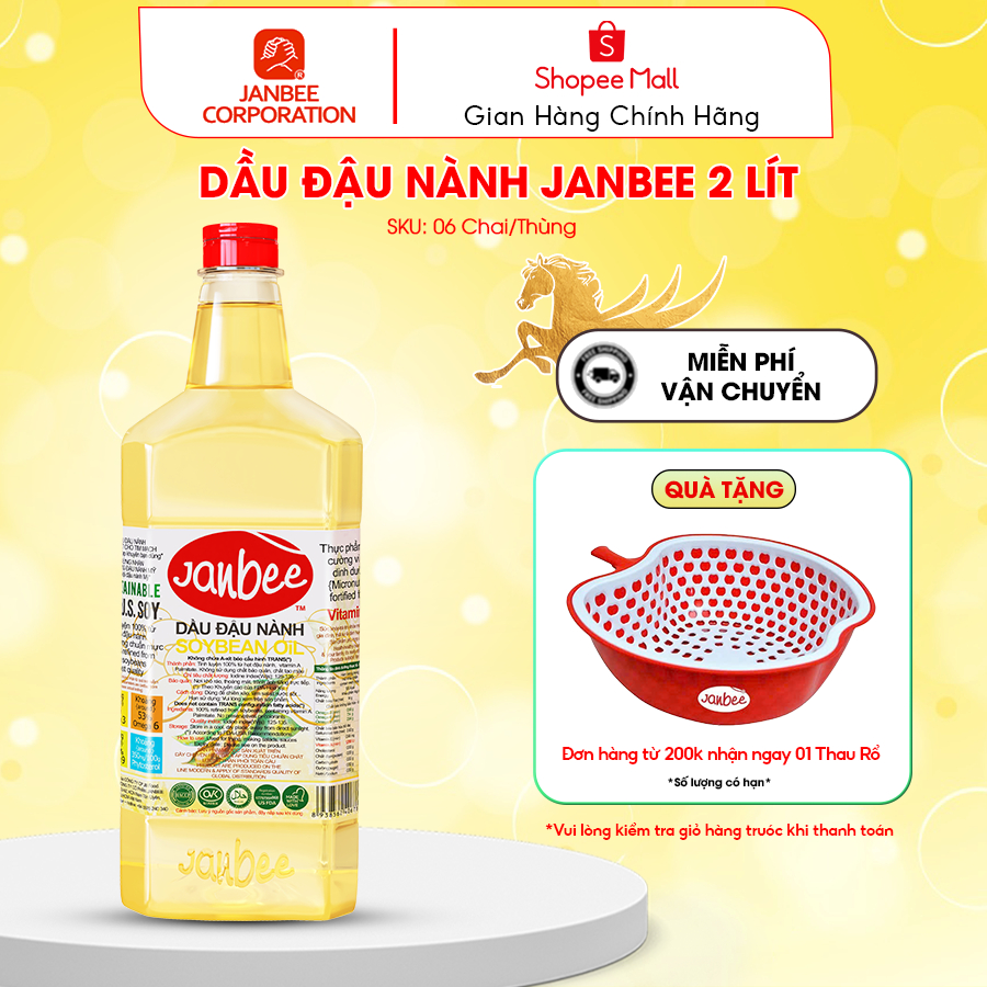 Dầu Ăn Đậu Nành Janbee chai 2 Lít - Dầu Đậu Nành Nguyên Chất 100%, Không Trans Fat, Tốt Cho Tim Mạch