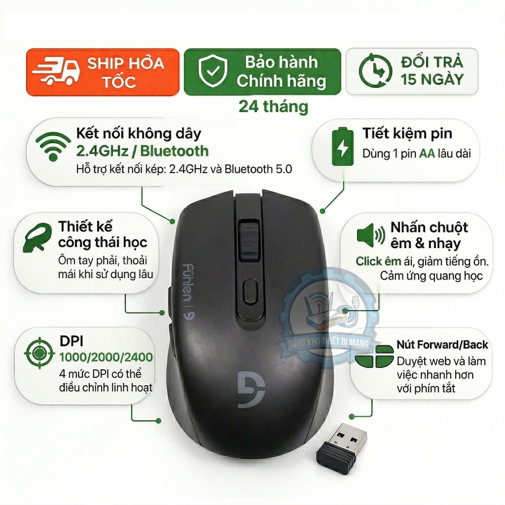 Chuột Bluetooth Fuhlen B07S Không Dây Êm Nhạy DPI Cao Cho Laptop Macbook PC