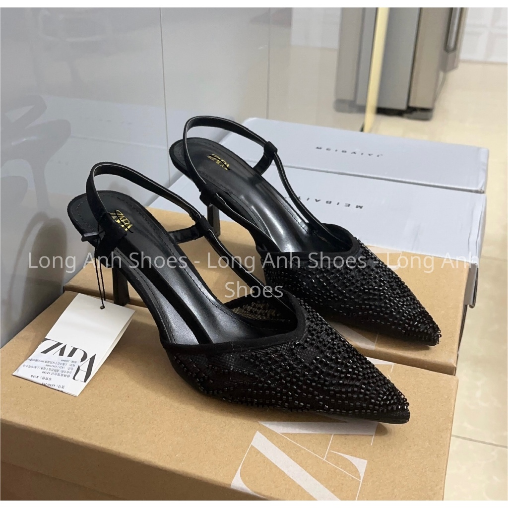 (Ảnh thật) Giày cao gót mũi nhọn ZR Slingback mũi nhọn vải lưới đỉnh đá đế cao 5p