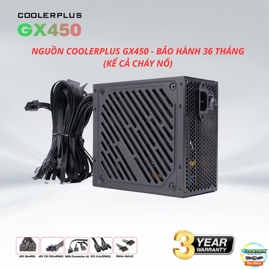 PSU COOLERPLUS GX450 450W – Quạt 140mm Êm, Bảo Vệ OVP SCP UVP, Chuẩn ATX, Bảo hành 36 Tháng