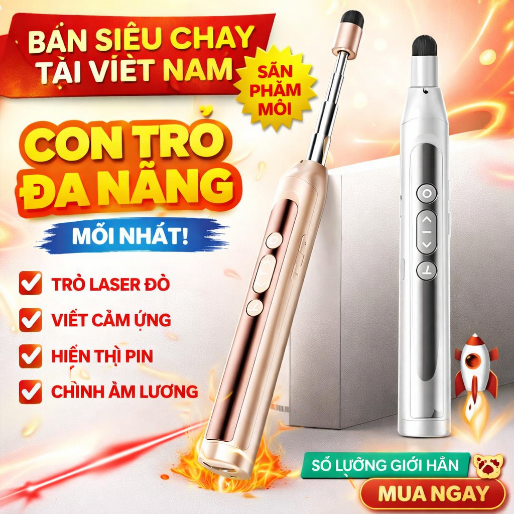 Bút Trình Chiếu Laser Đa Năng 4in1 – Điều Khiển Slide, Hiển Thị Pin, Sạc USB