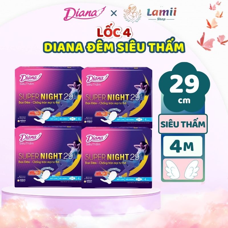 Lốc 4 gói Băng vệ sinh Diana siêu thấm Super night size dài 29cm, 35cm, 42cm mặt lưới thấm nhanh