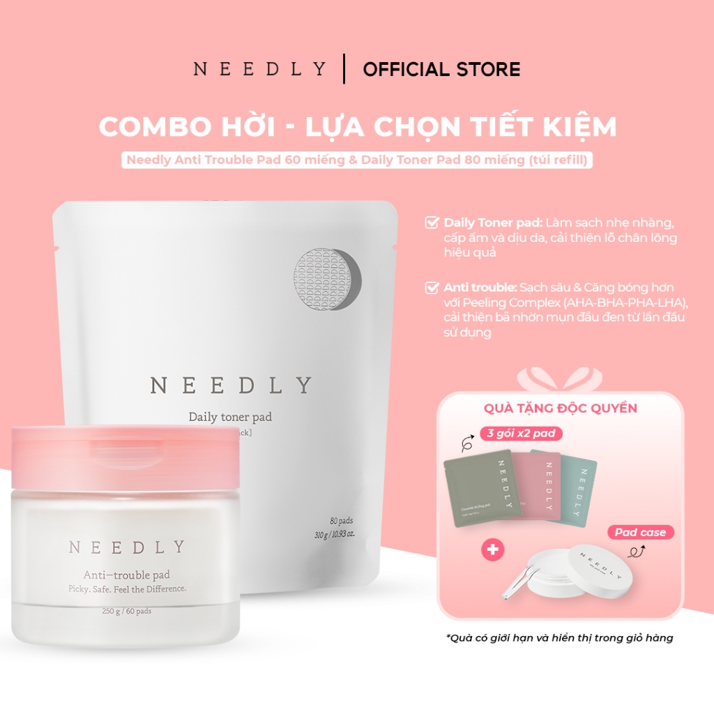 [COMBO HỜI] Toner Pad Needly Anti-Trouble Làm Sạch Bã Nhờn Căng Bóng 250G 80 Miếng & Túi Refill Dail