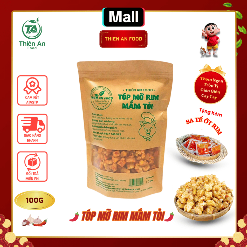 Tóp Mỡ Da Giòn Rim Mắm Tỏi Thiên An Food 100G  - Đồ Ăn Vặt Giòn Ngon Đậm Đà