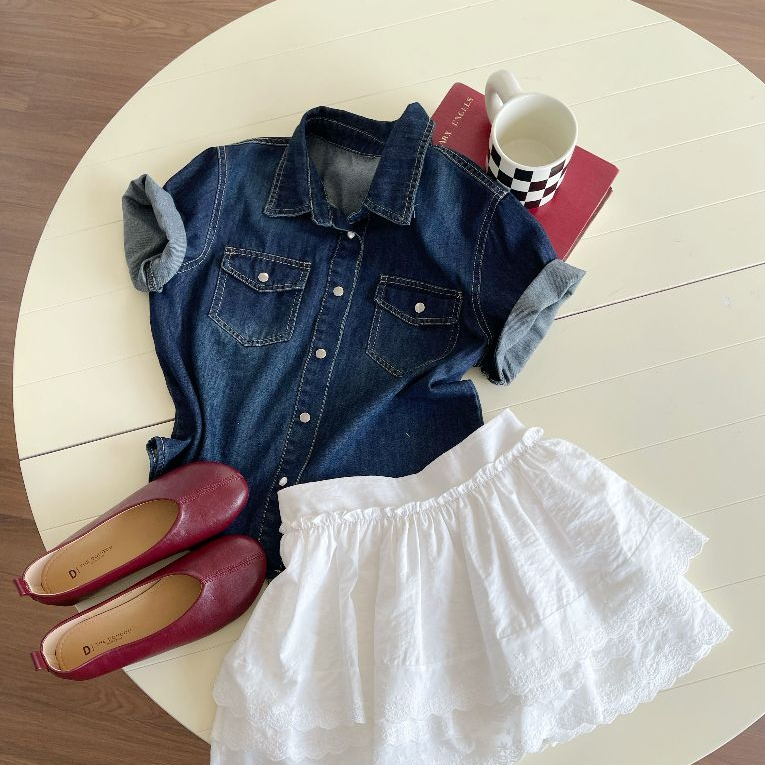 Áo Sơ Mi Nữ LENCLOTHING A1664-00 - Áo Somi Denim Tay Ngắn 2 Túi