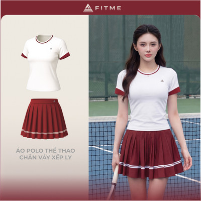 Bộ Fitme GR nữ tập tennis pickleball áo thun thoáng khí kết hợp chân váy xếp ly đỏ kèm quần bảo hộ
