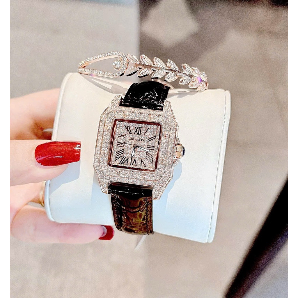 [Chính Hãng 100%] Sét Đồng Hồ Nữ  Jenoti by Hanboro Máy Quartz (Pin) Kính Khoáng Mặt Vuông Siz 34mm 