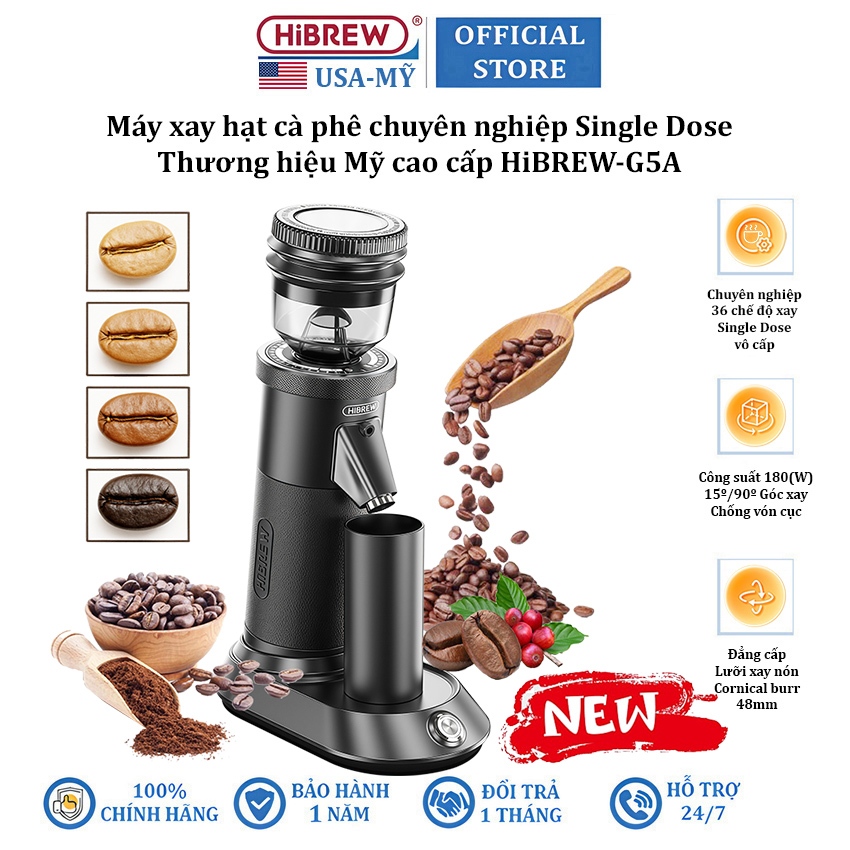 Máy xay hạt cà phê chuyên nghiệp Single Dose tích hợp 36 chế độ xay thương hiệu HiBREW G5A - Bản nân