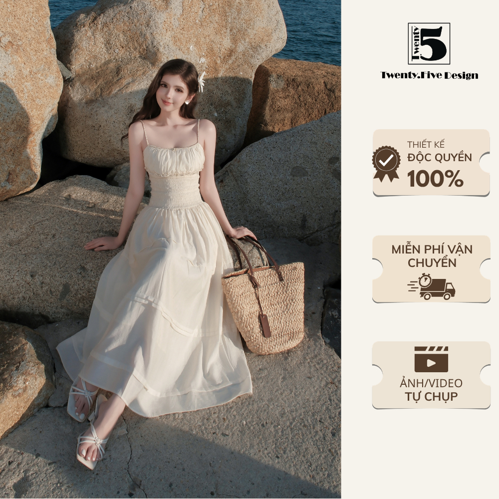 Váy maxi 2 dây dáng dài nhẹ nhàng, đầm đi biển chiết eo tôn dáng phong cách vintage - Twentyfive Des