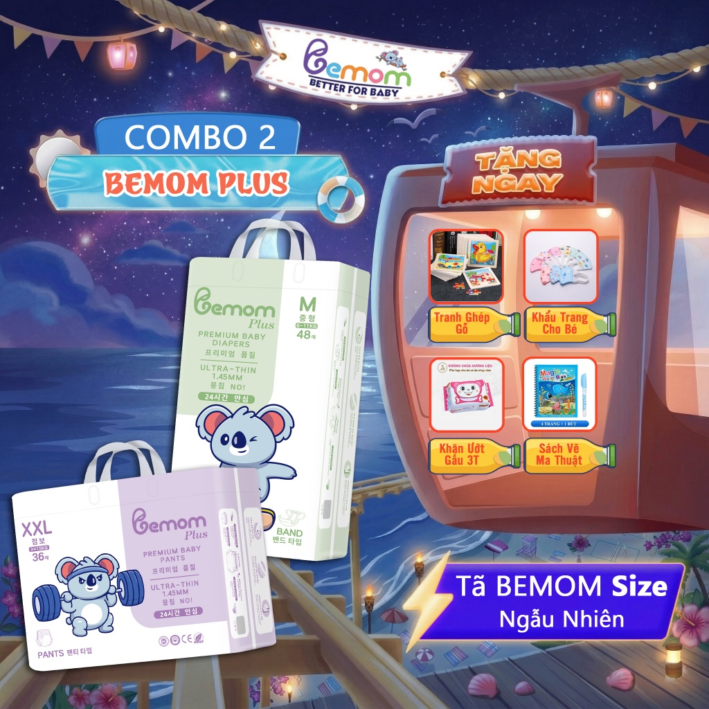 [Tặng Quà] COMBO 2 Tã/Bỉm Bemom Plus, Bỉm đêm Hàn Quốc Đủ Size Cho Bé Từ NB đến 4XL