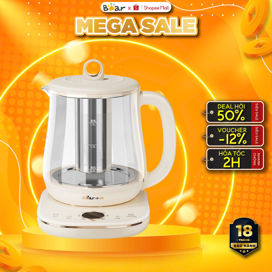 Bình Máy Pha Trà Đa Năng BEAR YSH-E15M1, 1.5L, 800W, Ấm Đun Siêu Tốc/Luộc Trứng/Giữ Nhiệt, BH 18 TH