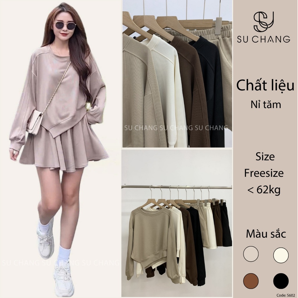 Set Bộ Đồ Nữ Áo Vạt Nhọn Kèm Quần Sooc Xòe Nỉ Tăm Su Chang S602 Thời Trang Nữ
