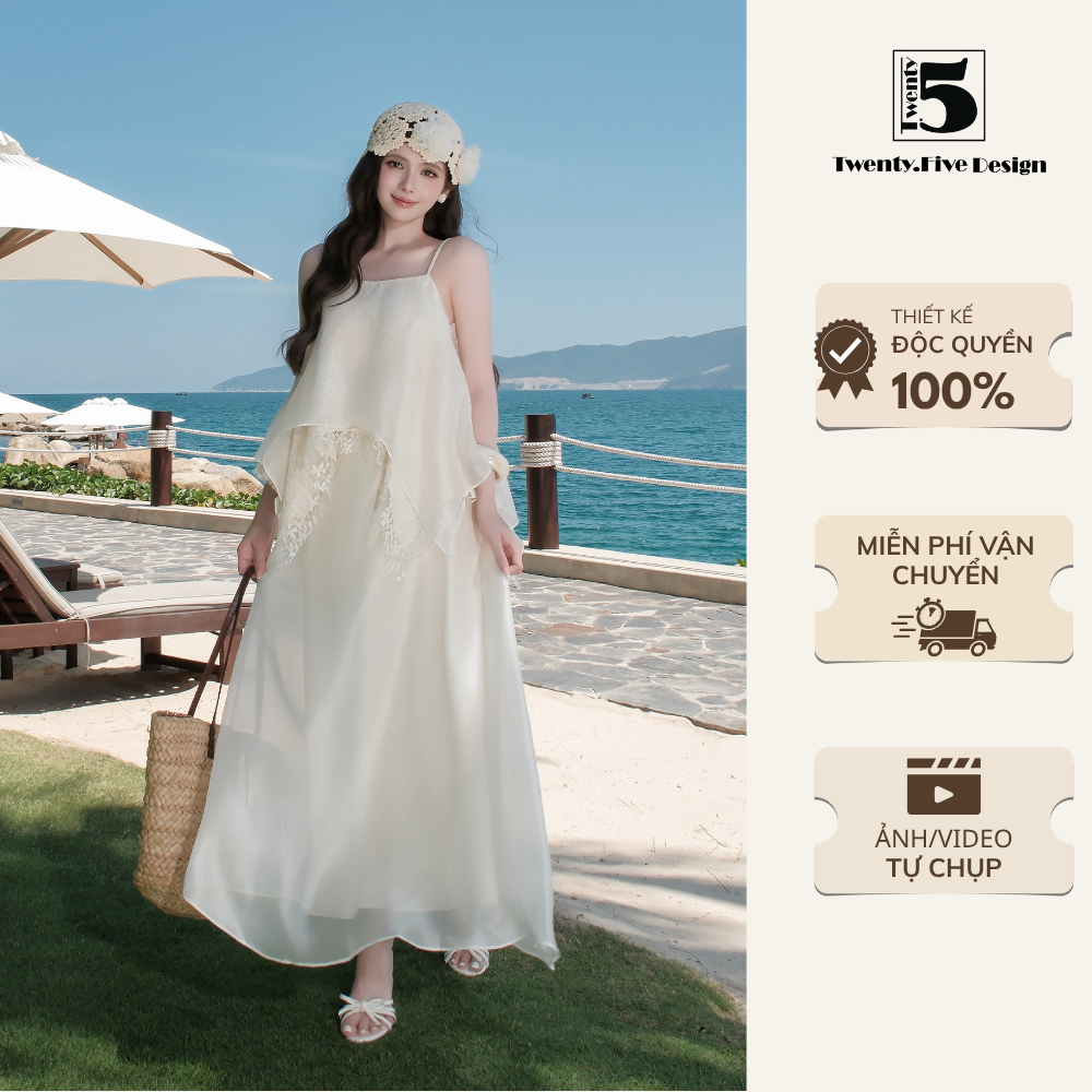 Set áo 2 dây nữ 2 lớp phối ren kèm chân váy suông dáng dài đi biển, đi du lịch - Twentyfive Design S