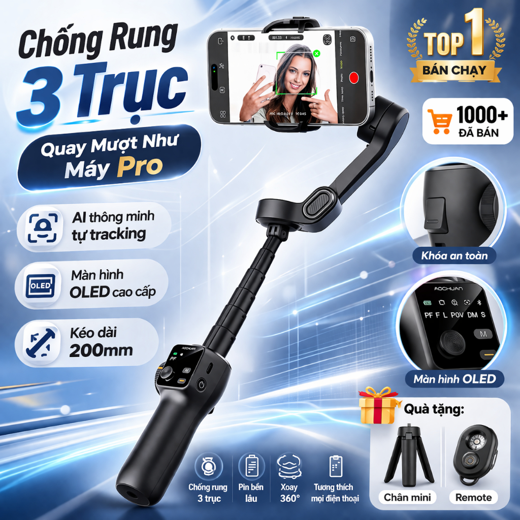 Gimbal 360 chống rung AOCHUAN Smart V8, Gimbal chống rung điện thoại 3 trục thế hệ mới 2026