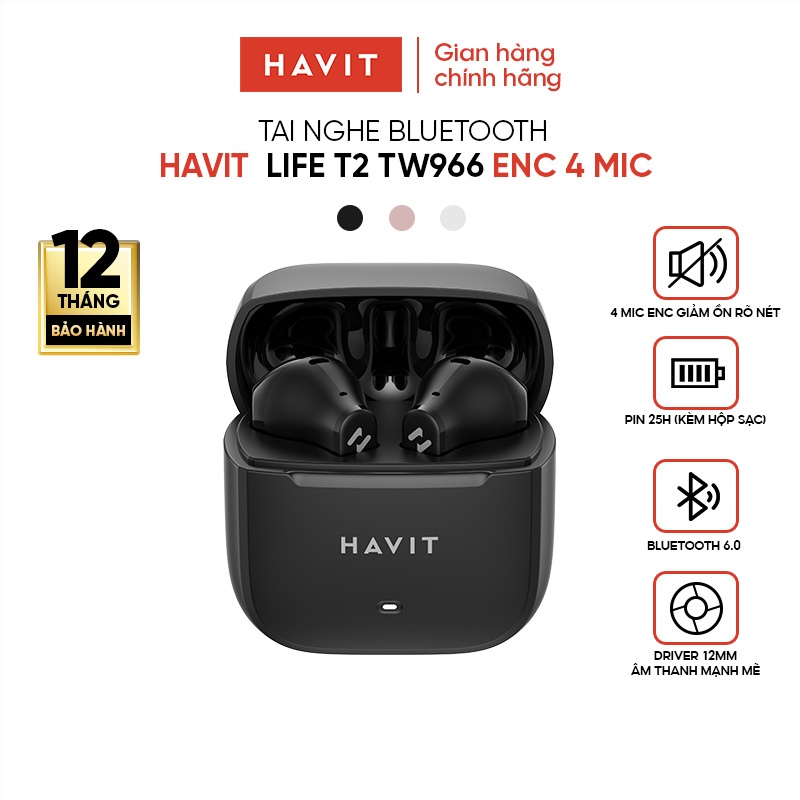 Tai Nghe Bluetooth TWS Havit TW966, 4 Mic ENC Chống Ồn, Bluetooth 6.0, Pin 25H, Bass Mạnh | BigBuy360 - bigbuy360.vn