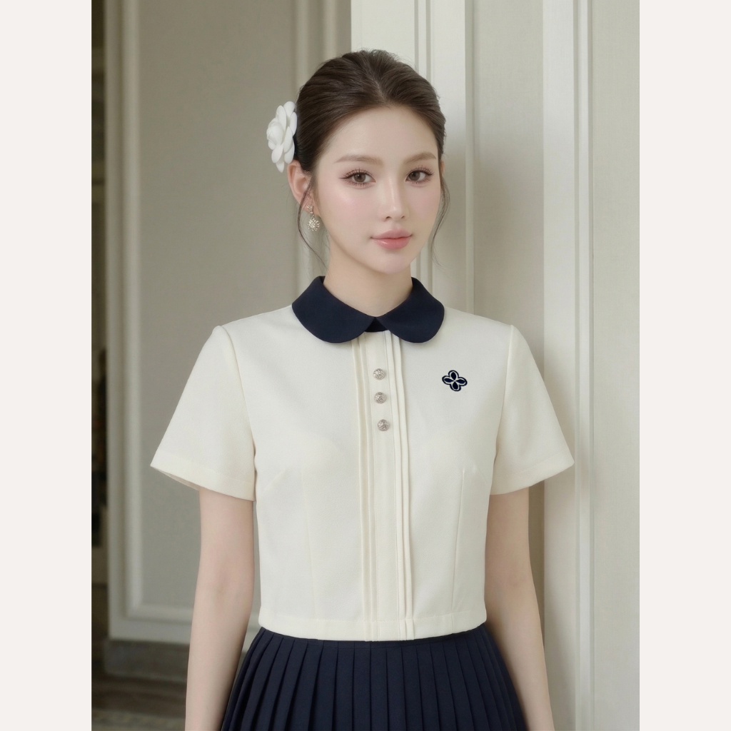 Áo kiểu nữ tay ngắn xếp ly, áo cổ sen thiết kế dáng lửng tiểu thư thêu hoa Linly Store A-PC10 | BigBuy360 - bigbuy360.vn